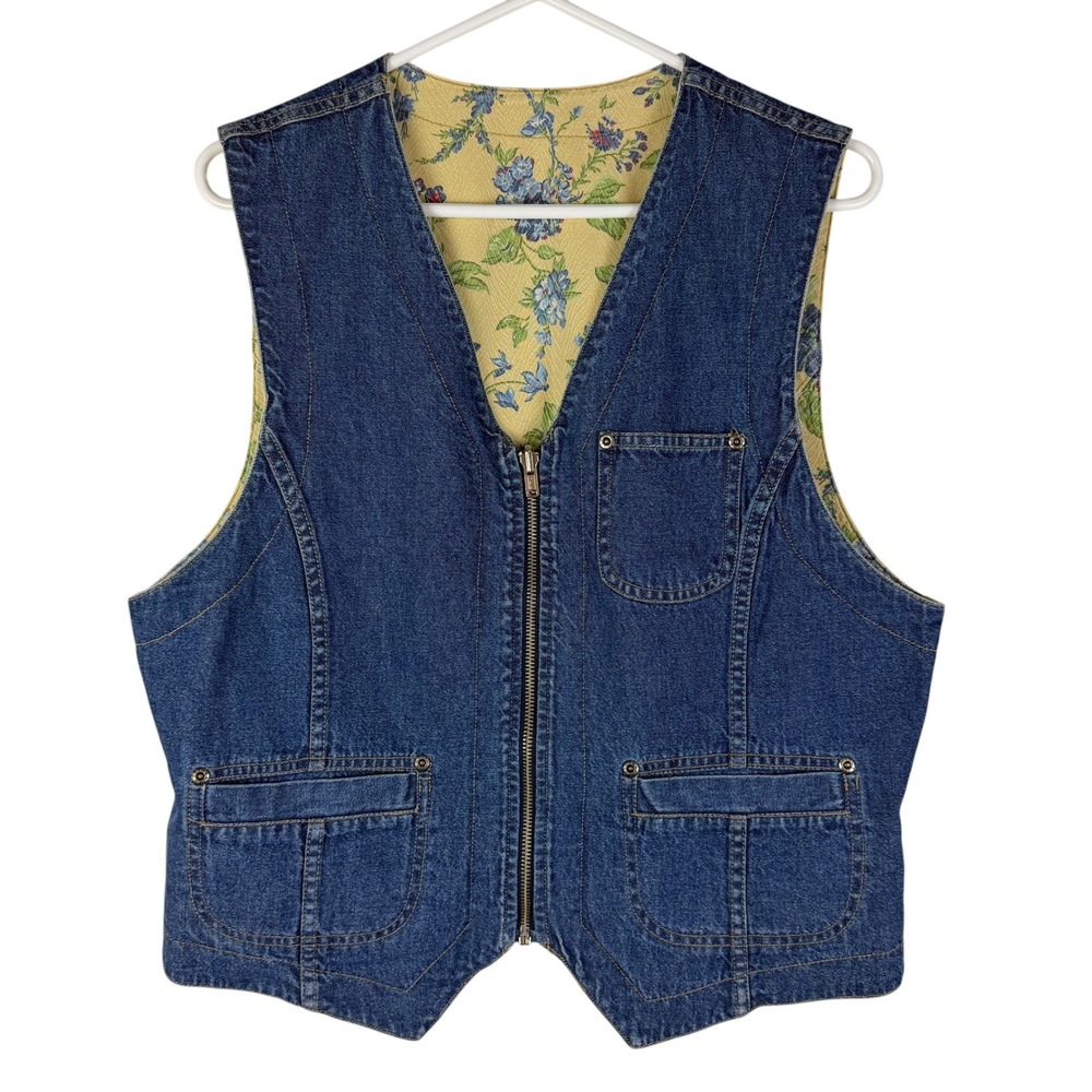 Lizwear Women's Large Reversible Denim Floral Vest Blue Yellow Zip Up Cotton - Picture 10 of 13